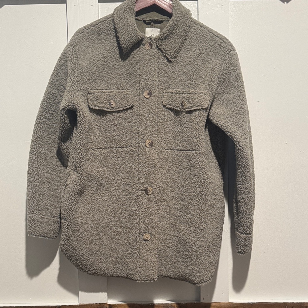 JOIE Shirt Jacket Womens Small Sherpa Fleece Suede Lined Button Front Sage Green